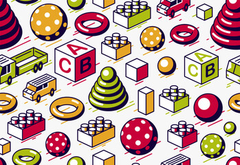 Toys seamless background, vector isometric retro toys endless wallpaper, tiling pattern with truck car and constructor bricks, elements easy to use separately.