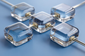 Workflow chart with frosted glass nodes and chrome connectors arranged on blue background