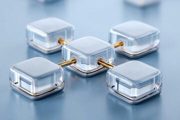 Modular business workflow layout using frosted glass nodes and chrome links on blue surface