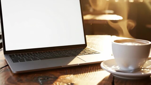 Laptop and Coffee on Wooden Desk.