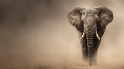 Empowerment and growth in the wild: a powerful African elephant strides with purpose through the dusty savanna.