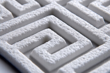 Abstract geometric pattern with raised ceramic ridges resembling QR code maze design