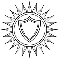 Obraz premium Protective shield emblem inside a stylized sunburst line art vector illustration