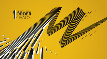 Debris particles exploding in chaos vector abstract background, entropy is rising to decay and disorder, elements flying in motion, 3D wallpaper.