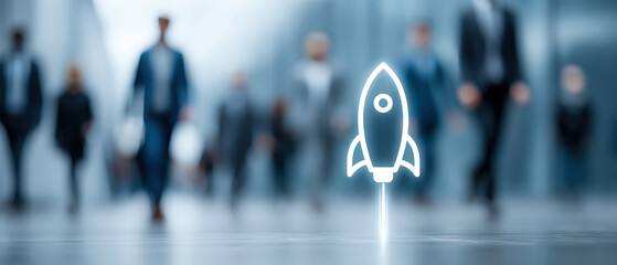 Dynamic startup office scene with motion blur coworkers and sharp rocket checklist icons