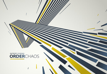 Debris particles exploding in chaos vector abstract background, entropy is rising to decay and disorder, elements flying in motion, 3D wallpaper.