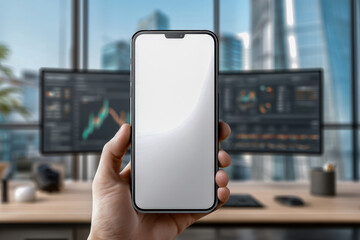 Close-up hand presenting empty smartphone display over office desk, colorful charts bokeh