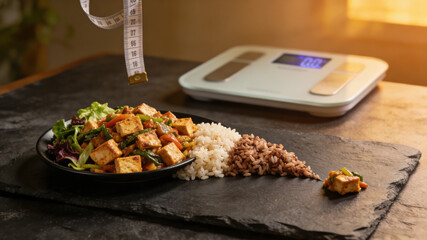 Shrinking food portions on a plate with a weight scale and measuring tape, symbolizing diet and weight loss efforts.