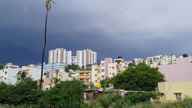A pan view of buildings and long palm tree stand alone against the cloudy sky at Bangalore city