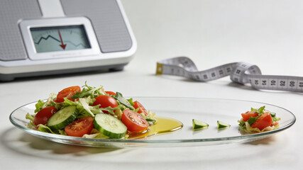 Shrinking food portions on a plate with a weight scale and measuring tape, symbolizing diet and weight loss efforts.