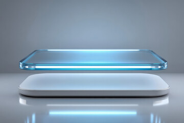 Floating transparent glass screen telehealth interface with illuminated pulse dot, minimal scene