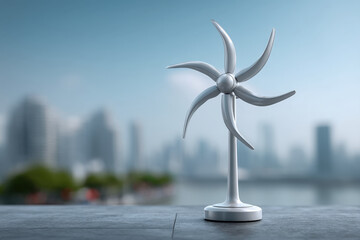 Small white wind turbine model on desk with softly blurred city skyline background