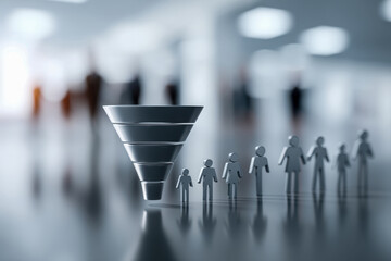 Marketing funnel stages visualized with 3D funnel icons and blurred team collaboration