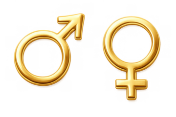 Golden male and female gender symbols representing masculinity and femininity, transparent background