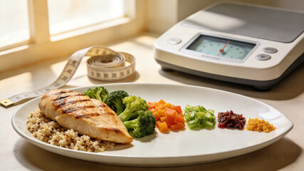 Shrinking food portions on a plate with a weight scale and measuring tape, symbolizing diet and weight loss efforts.