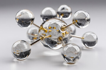 Glass sphere and metal rod correlation network diagram with clean space and light