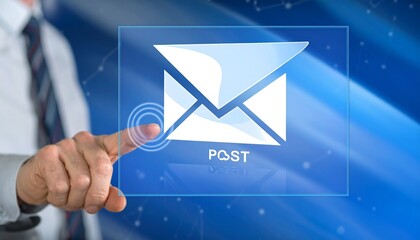 Futuristic cityscape at night with glowing skyscrapers, digital email icon, businessperson on rooftop, network lines.