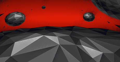 Low poly illustration of a planet terrain with satellites flying in space, vector wallpaper art of sci-fi astronomy, science fiction background.