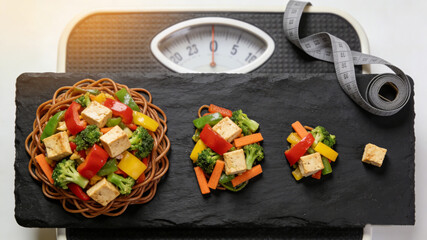 Shrinking food portions on a plate with a weight scale and measuring tape, symbolizing diet and weight loss efforts.