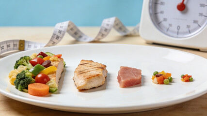 Shrinking food portions on a plate with a weight scale and measuring tape, symbolizing diet and weight loss efforts.
