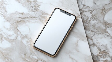 Smartphone mockup with blank screen on marble surface