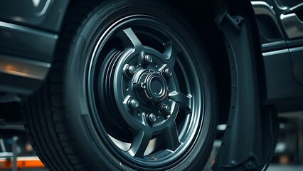 Automotive wheel and tire assembly in a professional garage setting.