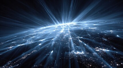 AI-powered trading network connecting continents with light beams, sci-fi futuristic, neon blue, ultra-detailed 3D render, fintech innovation.