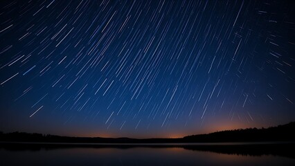 Night sky ablaze with electric blue and fiery orange meteor trails mirrored in a tranquil lake.