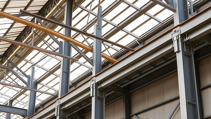 Steel frame construction detail in an industrial workshop with architectural structure.