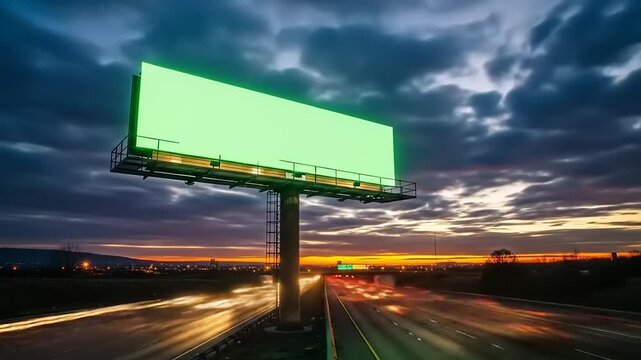 Illuminated billboard on highway at dusk with motion blur lights, and advertising space.