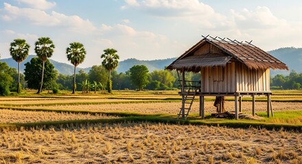 Idyllic Rural Scene - Thatched Hut in Golden Rice Fields of Southeast Asia.