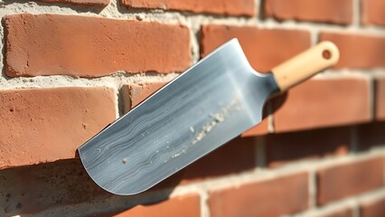 A close-up of a brick wall under construction with a trowel resting.