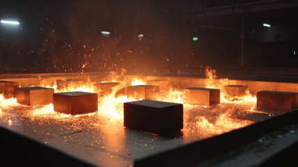 Medium shot of a hightech forge heating metal in a spaceanvil manufacturing hub highlighting intense flames and glowing steel components.