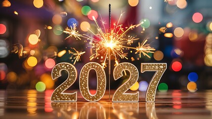 A glittering new year celebration featuring golden numbers representing 2027 illuminated by vibrant sparkling lights and a celebratory sparkler high quality