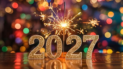 A vibrant and celebratory display features golden 2027 numerals illuminated by sparkling fireworks creating a festive atmosphere high quality professional detailed