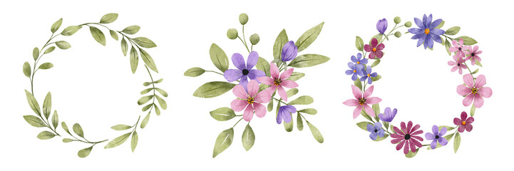 Obraz premium Set watercolor flowers hand painting, floral vintage bouquets. Decoration for poster, greeting card, birthday, wedding design. Isolated on white background.