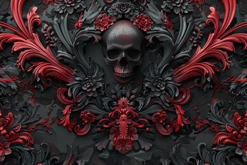 Intricate dark skull with red and black floral baroque ornaments creating a gothic and elegant atmosphere