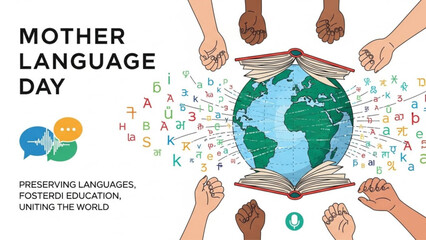 Mother language day illustration with diverse fists, globe, books, and letters with education and diversity and culture and unity and learning