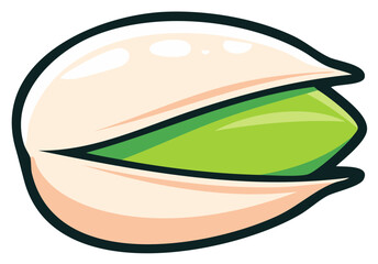 Fototapeta premium Vibrant green pistachio nut partially open in its creamy shell, healthy snack cartoon illustration
