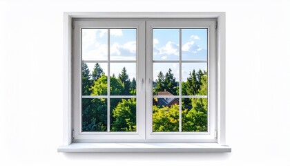 A bright white framed window displays a verdant treetop view under a partly cloudy blue sky