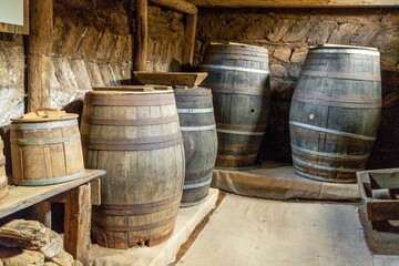 view of the pantry and many barrels in the Glaumbaer Turf Farm and Museum