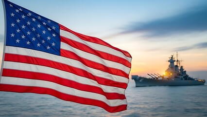 American flag waving on a naval vessel at sunset