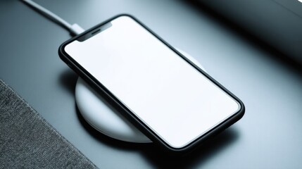 Smartphone wirelessly charging on a white induction pad on a light blue surface