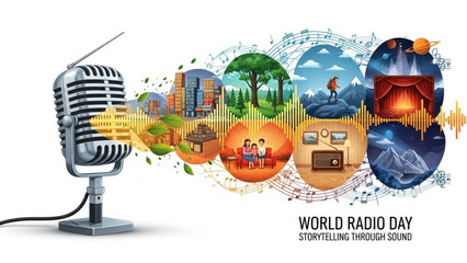 Vintage microphone with sound waves and diverse scenes for world radio day, storytelling through sound with music and entertainment and communication