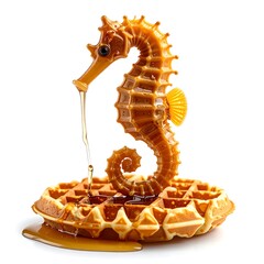 Caramel seahorse atop a waffle, syrup dripping, isolated on white background