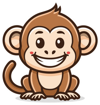 Cute cartoon monkey character smiling broadly with rosy cheeks and tail curled