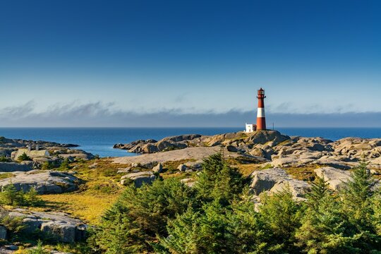 view of the Eigeroy Lighthouse on the small island of Midbrodoya near Eigersund in southern Norway