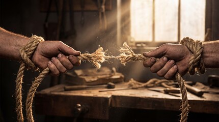Documentary photograph of hands breaking free from symbolic rope, dramatic but realistic lighting, studio realism, ultra-sharp detail
