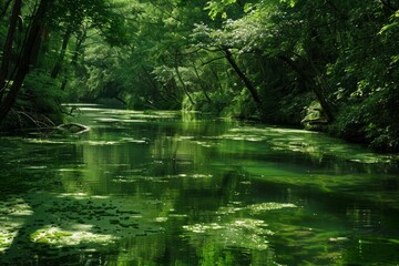 Emerald green river flowing through a dense forest, creating a tranquil and vibrant natural scene