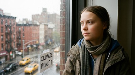 Ultra-realistic documentary photo of a young woman standing by a city window, soft natural light on face, serious expression, urban background blurred, awareness theme, 4K, cinematic realism
